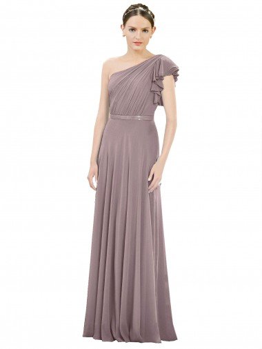 Outlet Full Length One Shoulder Chiffon Bridesmaid Dress with Shoulder Ruffle