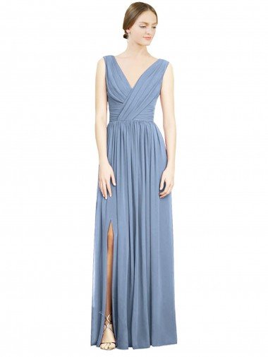 Outlet Sleeveless Draped Chiffon Maxi Bridesmaid Dress with Front Slit