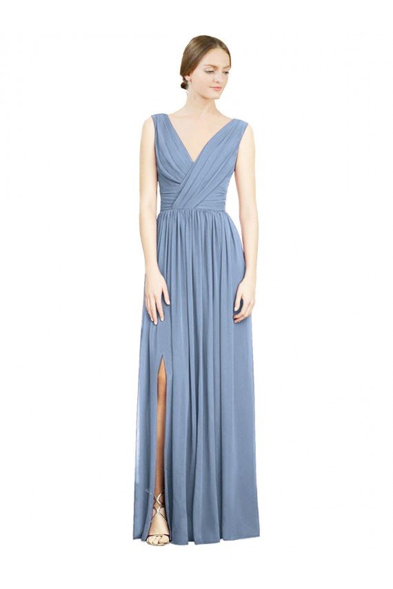 Outlet Sleeveless Draped Chiffon Maxi Bridesmaid Dress with Front Slit
