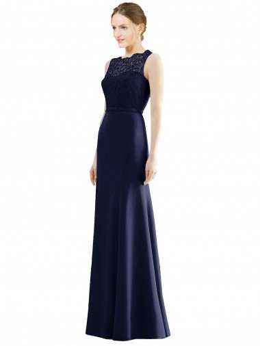 Outlet Lace Bodice Open Back Trumpet Chiffon Bridesmaid Dress with Bow Belt