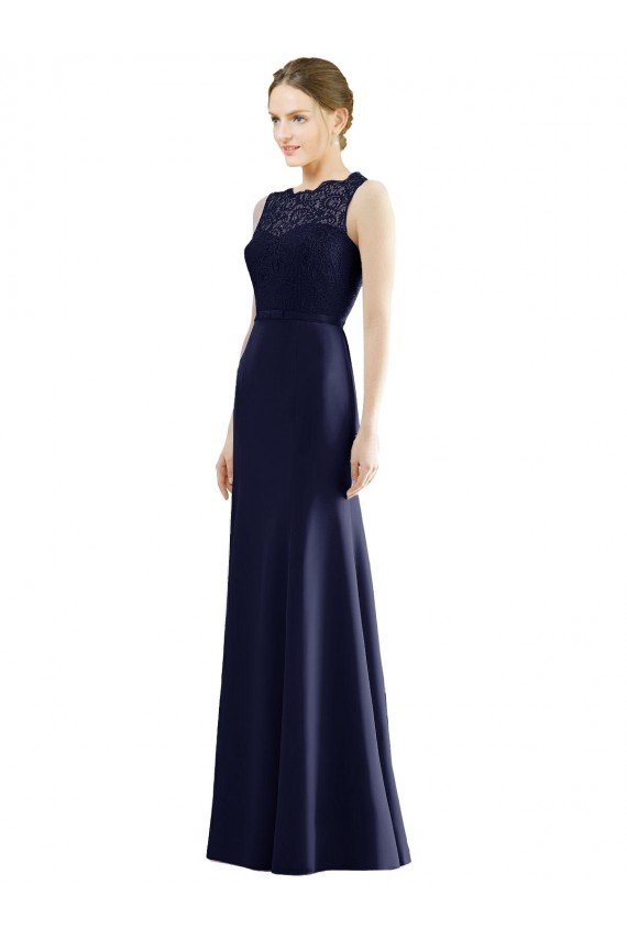 Outlet Lace Bodice Open Back Trumpet Chiffon Bridesmaid Dress with Bow Belt