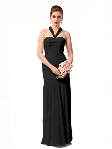 Outlet Long Halter Chiffon Bridesmaid Dress with Dropped Waist