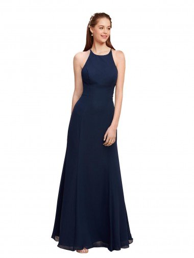 Outlet High Halter Fit and Flare Long Chiffon Bridesmaid Dress / Prom Dress with Criss Cross Low Back