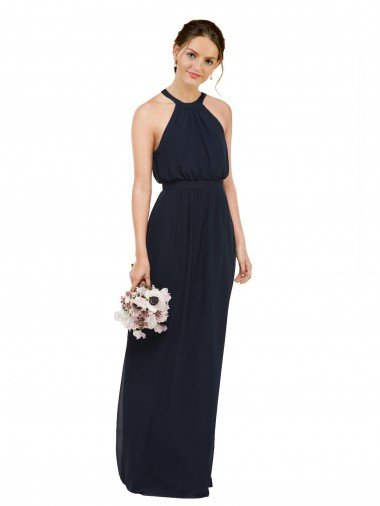Outlet High Halter Neckline Chiffon Bridesmaid Dress with Slim Keyhole Back