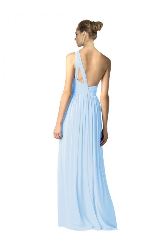 Outlet One Shoulder Long Chiffon Bridesmaid Dress with Shirred Bodice and Front Keyhole