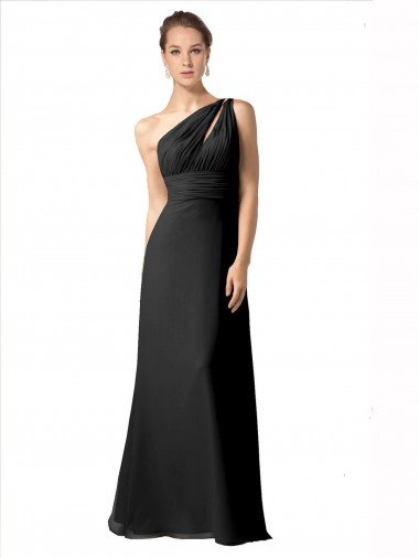 Outlet One Shoulder Full Length Chiffon Bridesmaid Dress with Shirred Bodice