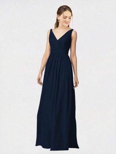 Outlet Long Chiffon Bridesmaid Dress with Shirred Bodice and V-Neckline