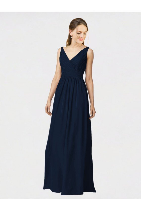 Outlet Long Chiffon Bridesmaid Dress with Shirred Bodice and V-Neckline