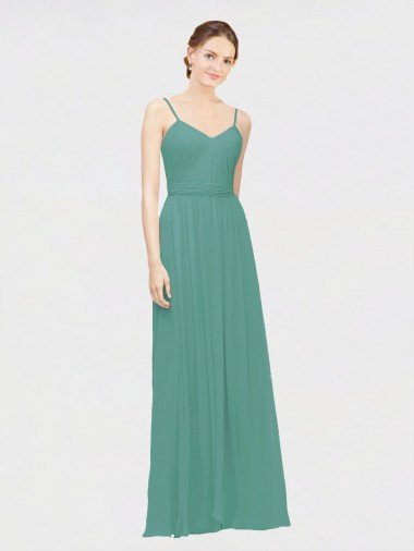 Outlet Rouched V-Neckline and Spaghetti Straps Long Chiffon Bridesmaid Dress