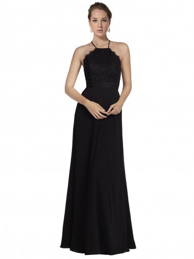 Outlet Lace Halter Neckline Chiffon A-Line Bridesmaid Dress with Sheer Back