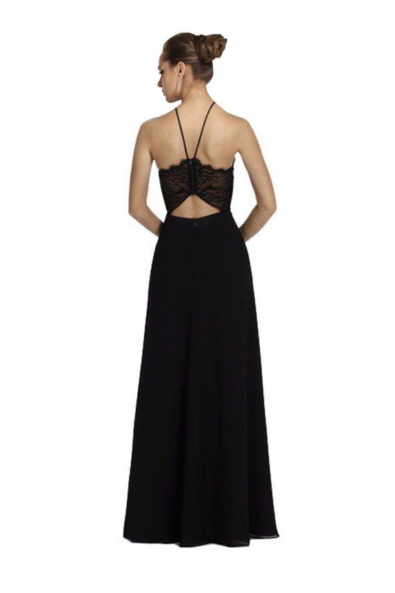 Outlet Lace Halter Neckline Chiffon A-Line Bridesmaid Dress with Sheer Back