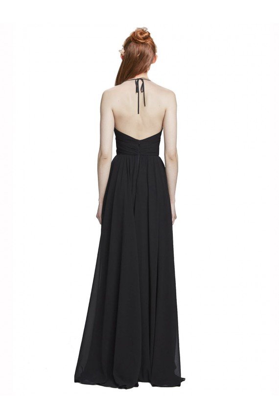 Outlet Halter Chiffon Bridesmaid Dress with V-Neckline and Criss Cross Waist