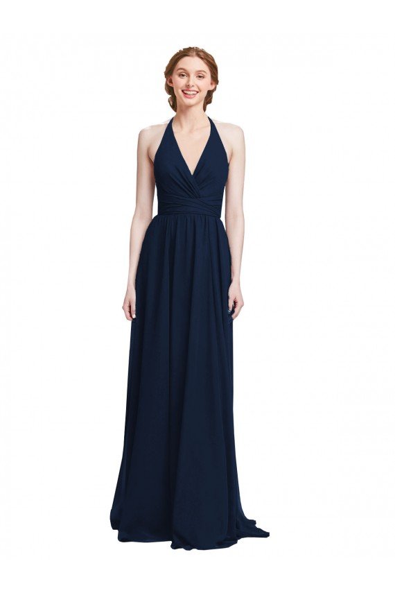Outlet Halter Chiffon Bridesmaid Dress with V-Neckline and Criss Cross Waist