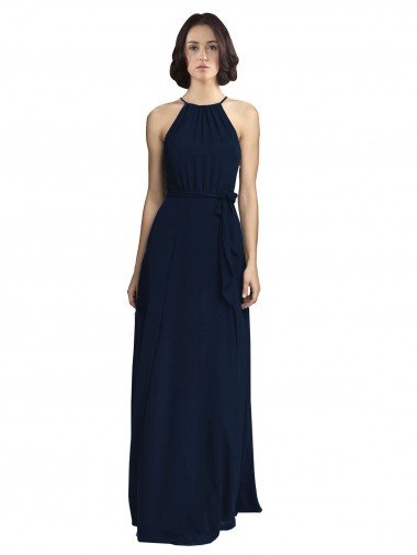 Outlet High Neckline Floor Length Chiffon Bridesmaid Dress with Belt