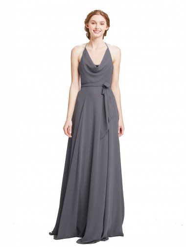 Outlet Spaghetti Strap Long Chiffon Bridesmaids Dress with Halter Cowl Neck