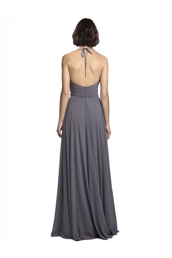 Outlet Spaghetti Strap Long Chiffon Bridesmaids Dress with Halter Cowl Neck
