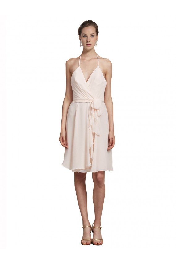 Outlet Short Knee Length Wrap Chiffon Halter Bridesmaids Dress