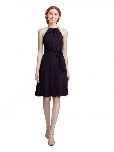 Outlet Short Knee Length High Neck Chiffon Bridesmaids Dress