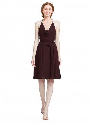 Outlet Short Knee Length Chiffon Bridesmaids Dress with Halter Cowl Neck