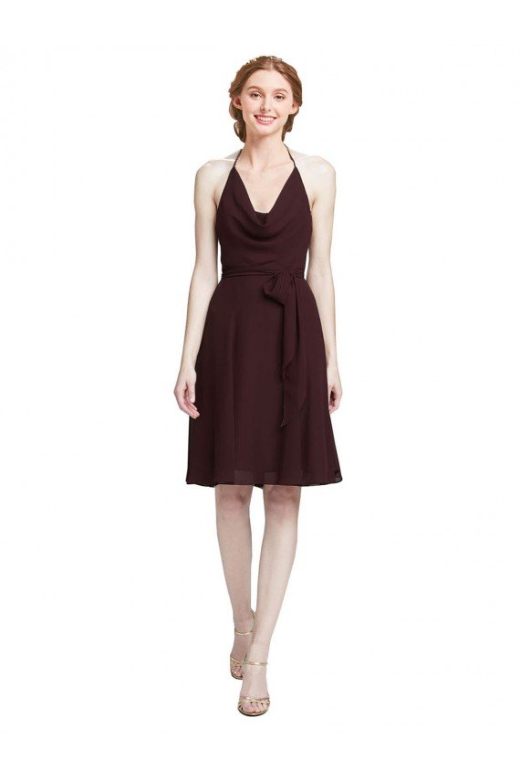 Outlet Short Knee Length Chiffon Bridesmaids Dress with Halter Cowl Neck
