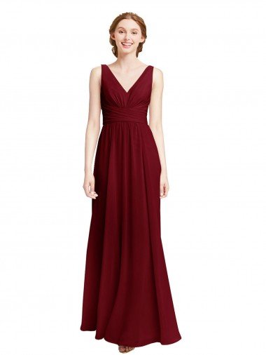Outlet Long Chiffon V-Neck Bridesmaids Dress with Double Strap