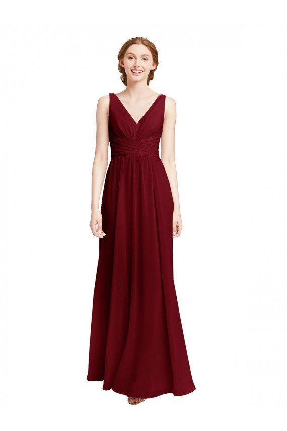 Outlet Long Chiffon V-Neck Bridesmaids Dress with Double Strap
