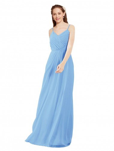 Outlet Pleated Low Back Long V-Neck Chiffon Bridesmaid Dress with Thin Straps