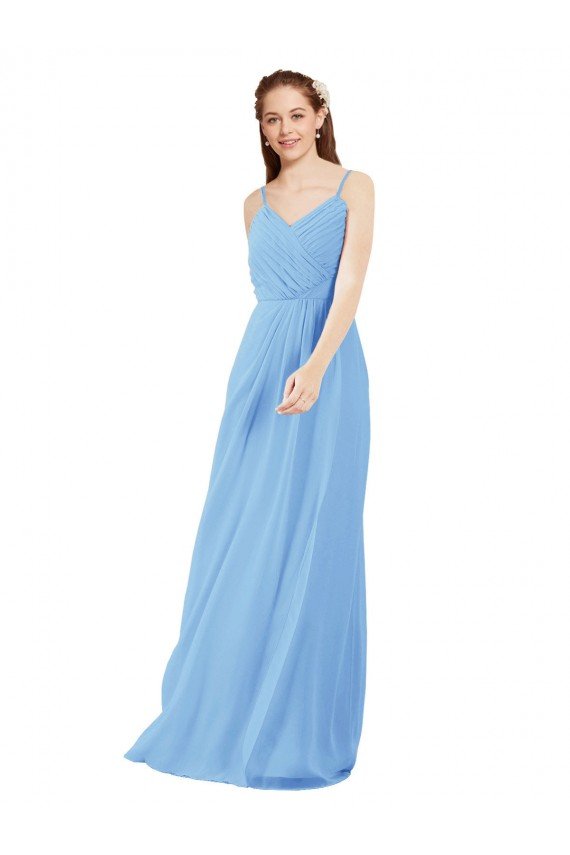 Outlet Pleated Low Back Long V-Neck Chiffon Bridesmaid Dress with Thin Straps