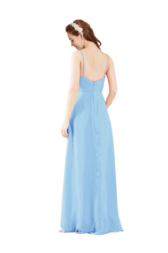 Outlet Pleated Low Back Long V-Neck Chiffon Bridesmaid Dress with Thin Straps