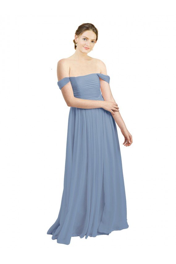 Outlet Long Floor Length Chiffon Bridesmaid Dress with Fluttering Off the Shoulder Straps