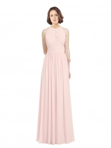 Outlet Sleeveless Chiffon High Neck Bridesmaid Dress with Diagonal Pleats