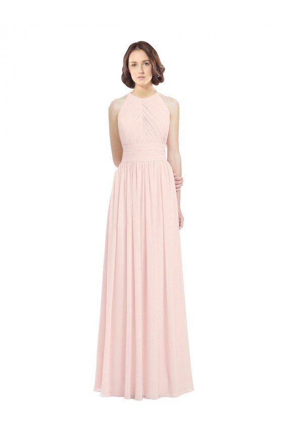 Outlet Sleeveless Chiffon High Neck Bridesmaid Dress with Diagonal Pleats