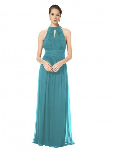 Outlet Ruched Long Chiffon Halter Bridesmaid Dress with Tie Back and Tails