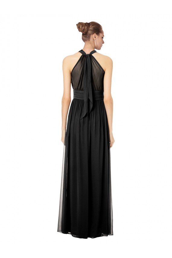 Outlet Ruched Long Chiffon Halter Bridesmaid Dress with Tie Back and Tails