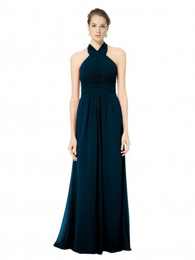 Outlet Keyhole Back Long Chiffon Halter Dress with Halter Straps Cross Neck