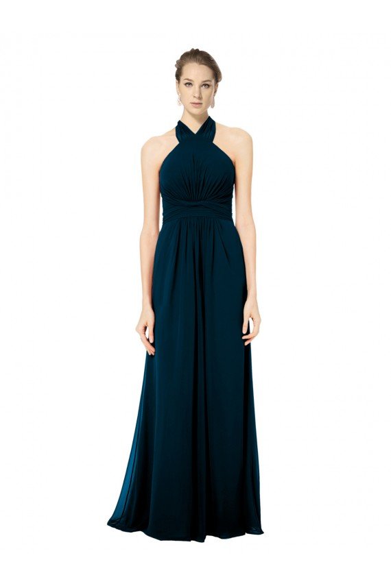 Outlet Keyhole Back Long Chiffon Halter Dress with Halter Straps Cross Neck
