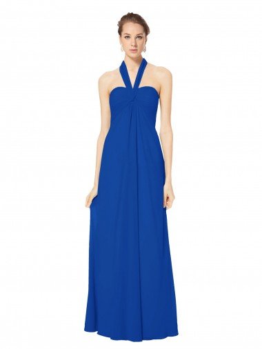Outlet Sleeveless Long Chiffon Empire Gown with Pleated Halter Straps