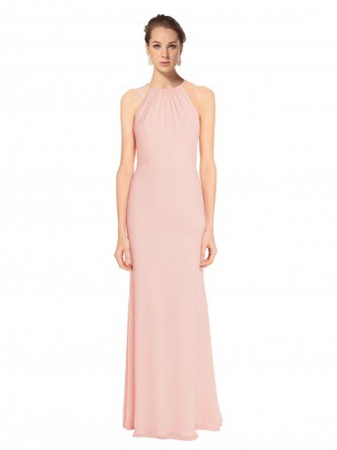 Outlet High Neck Long Chiffon Halter Bridesmaid Dress with Drape Chiffon Overlay