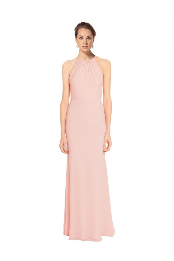 Outlet High Neck Long Chiffon Halter Bridesmaid Dress with Drape Chiffon Overlay