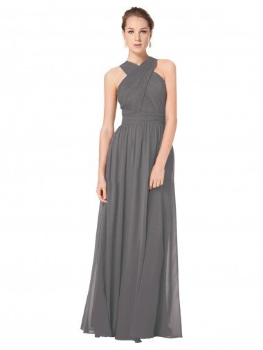Outlet Long Chiffon Halter Bridesmaid Dress Keyhole Back