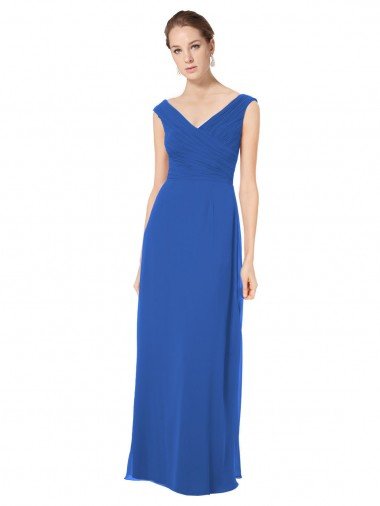 Outlet Long Chiffon Strapless Bridesmaid Dress with Wide Front and Back V-Neckline