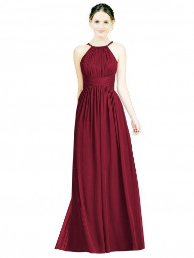 Outlet Halter Neck Open Back Draped Chiffon Bridesmaid Dress