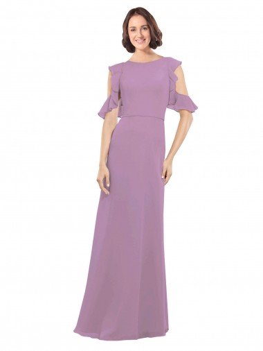 Outlet Long Chiffon Bridesmaids Dress with Flounced Sleeve Detail and Criss Cross Back