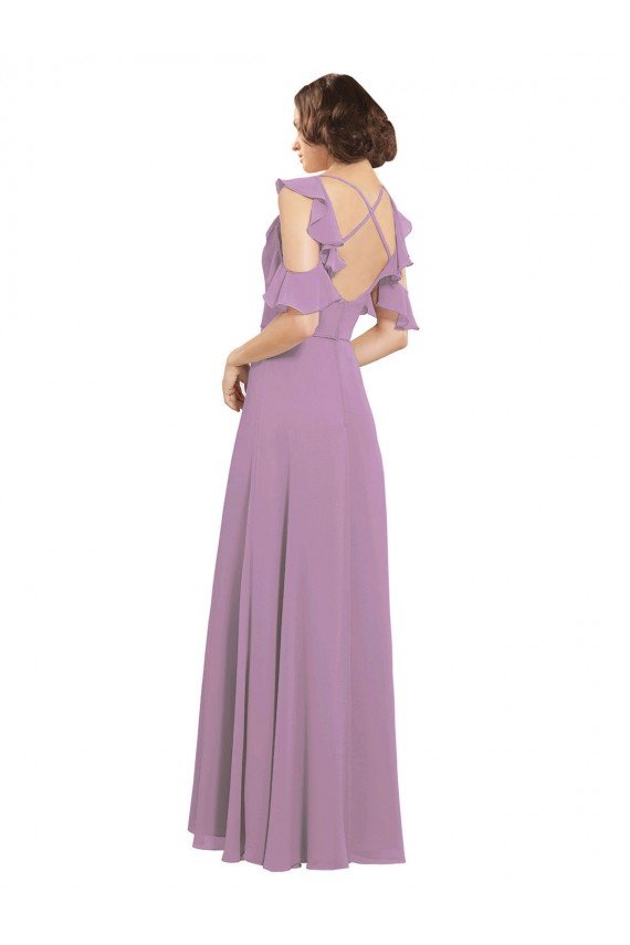 Outlet Long Chiffon Bridesmaids Dress with Flounced Sleeve Detail and Criss Cross Back
