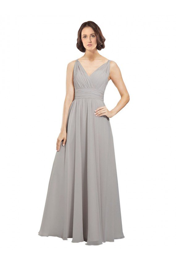Outlet Twist Shouder Full Chiffon Bridesmaids Dress with V-Neckline and V-Back