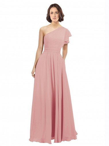 Outlet Chiffon Bridesmaids Dress with One Shoulder Flounced Sleeve