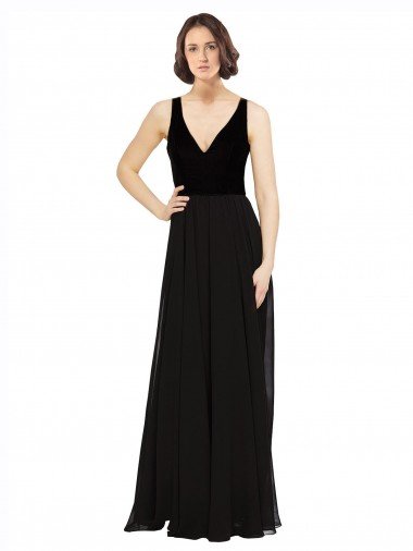 Outlet Stretch Velvet and Chiffon Bridesmaids Dress with V-Neckline