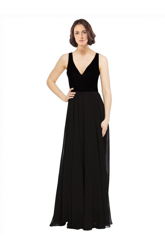 Outlet Stretch Velvet and Chiffon Bridesmaids Dress with V-Neckline