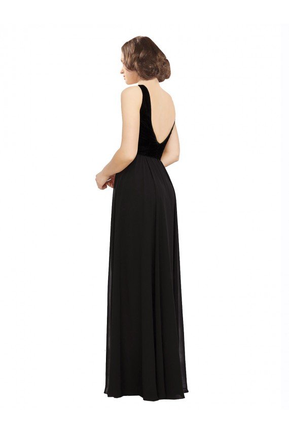Outlet Stretch Velvet and Chiffon Bridesmaids Dress with V-Neckline