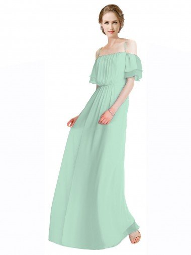 Outlet Spaghetti Straps Long Chiffon Off-The-Shoulder Bridesmaid Dress with Double Flounce Sleeves